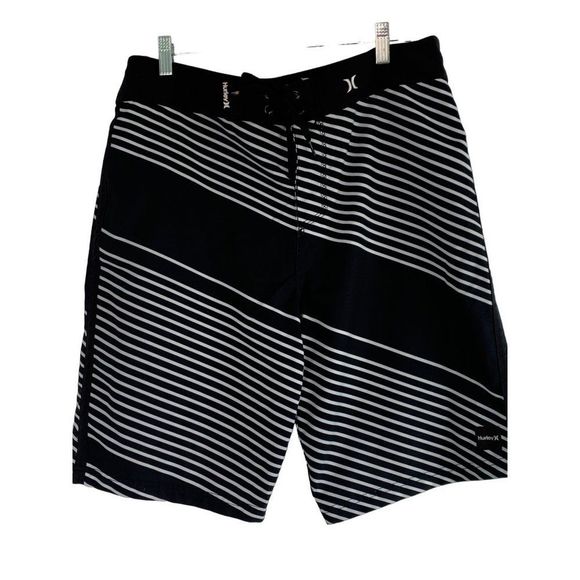 Mens Hurley Board Shorts Black stripe Size 34 GUC Drawstring zip pocket 6368 - Picture 1 of 8
